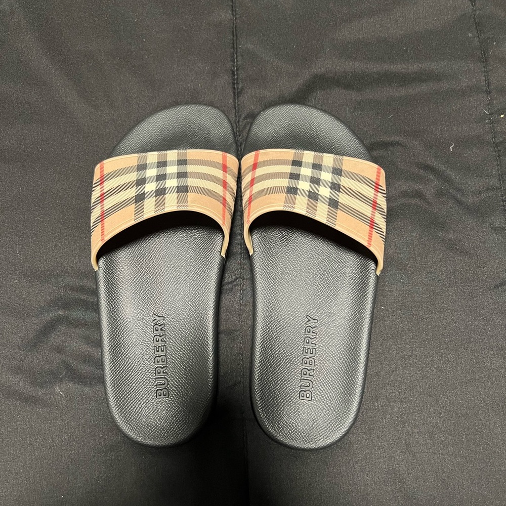 Burberry Black and Beige Check Slides